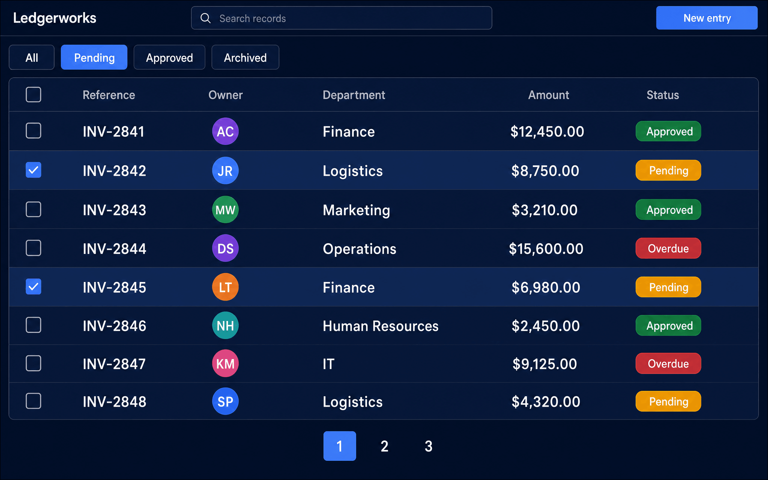 Back-office admin table of records with filter chips and approval status chips