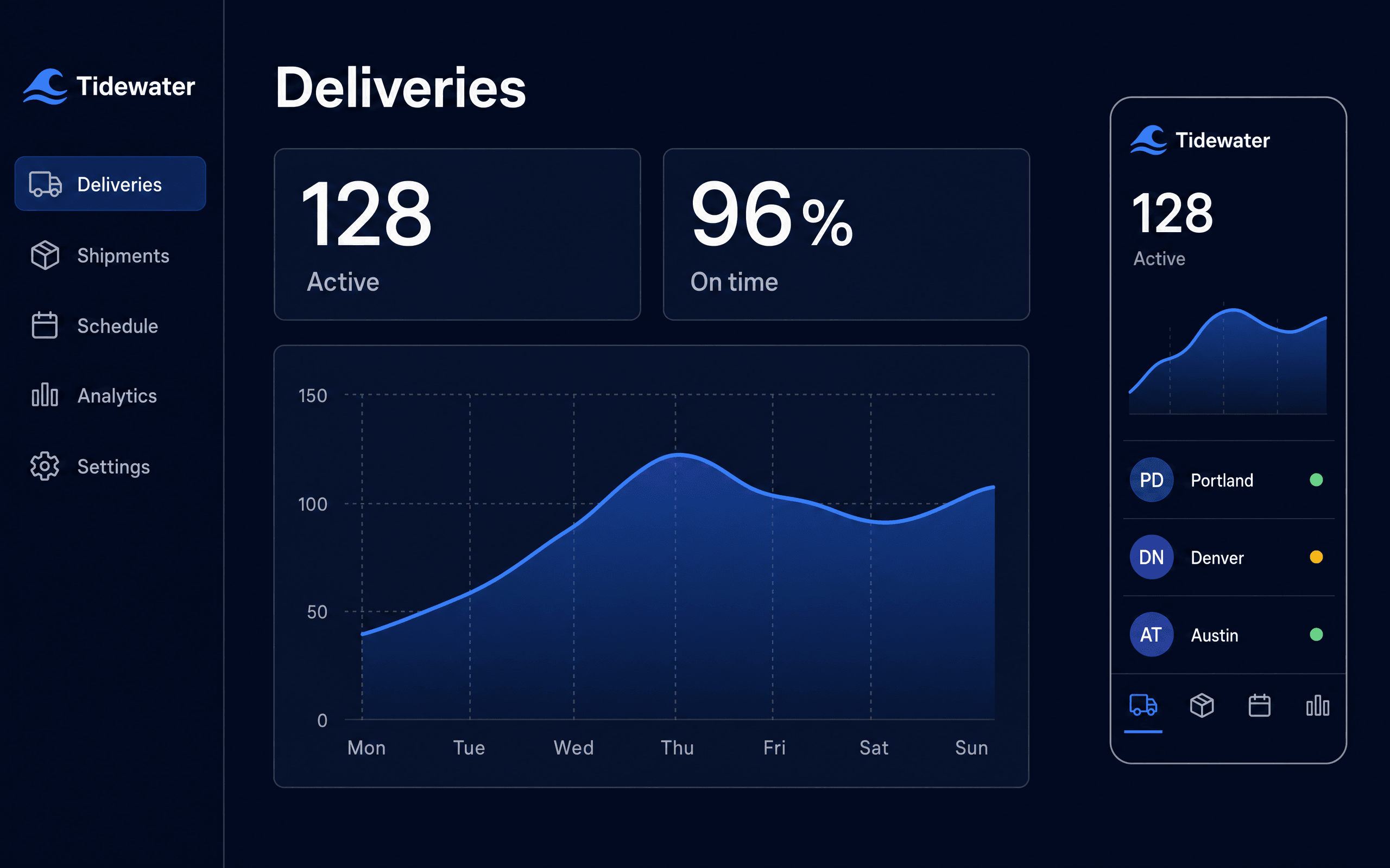 Delivery web dashboard beside the same product running on a tall phone screen