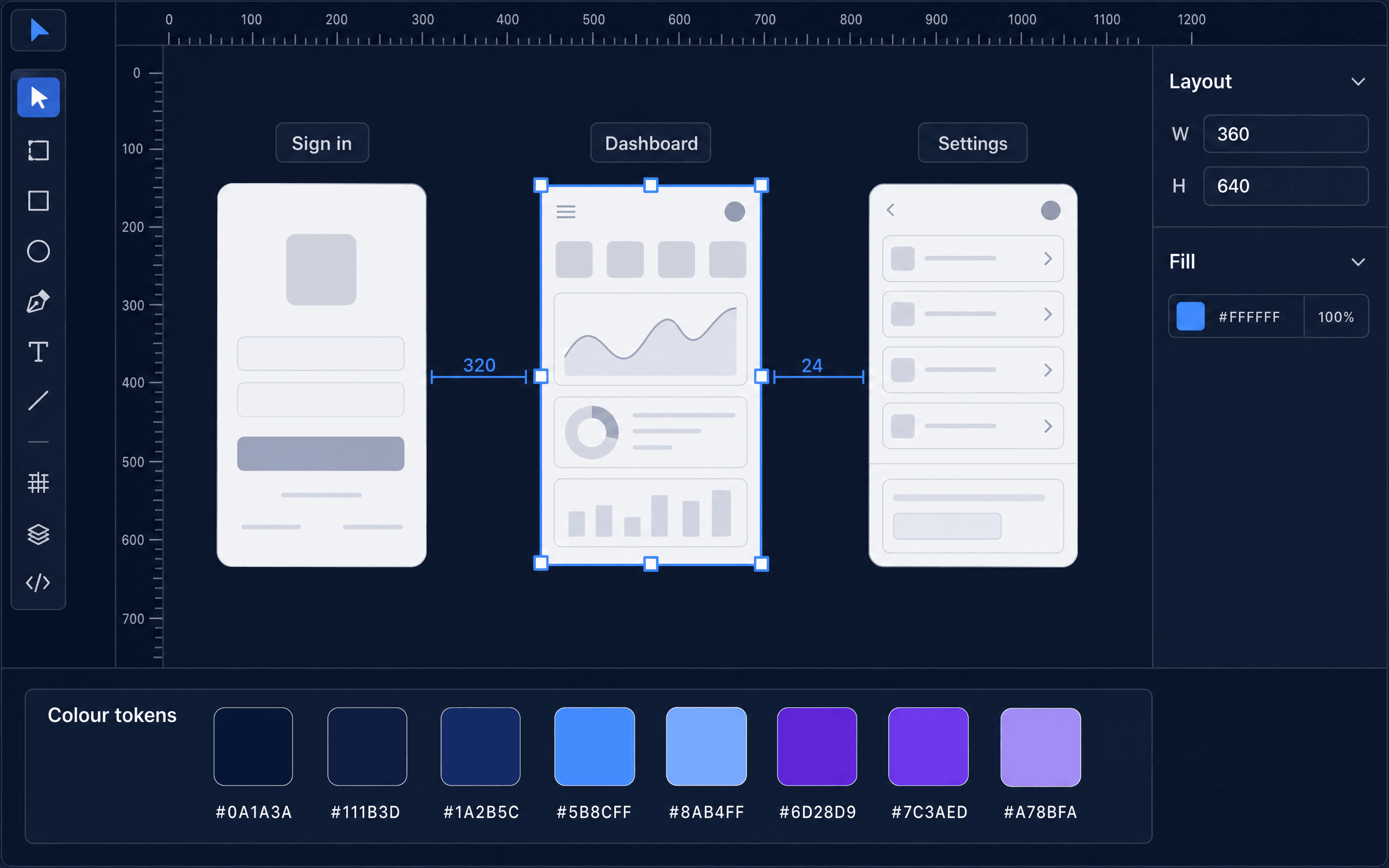 Design tool canvas with three artboards, selection handles, spacing guides and colour tokens